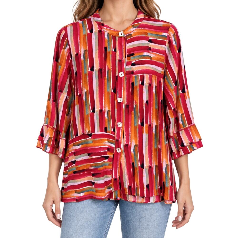 A la Carte Womens Medium Wearable Art Multicolor Artsy Tropical Blouse Shirt Top